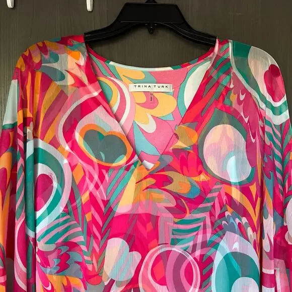 TRINA TURK Salon Maxi Caftan Dress in Dramont Size 12 Resort Multicolor Peacock - Picture 5 of 13